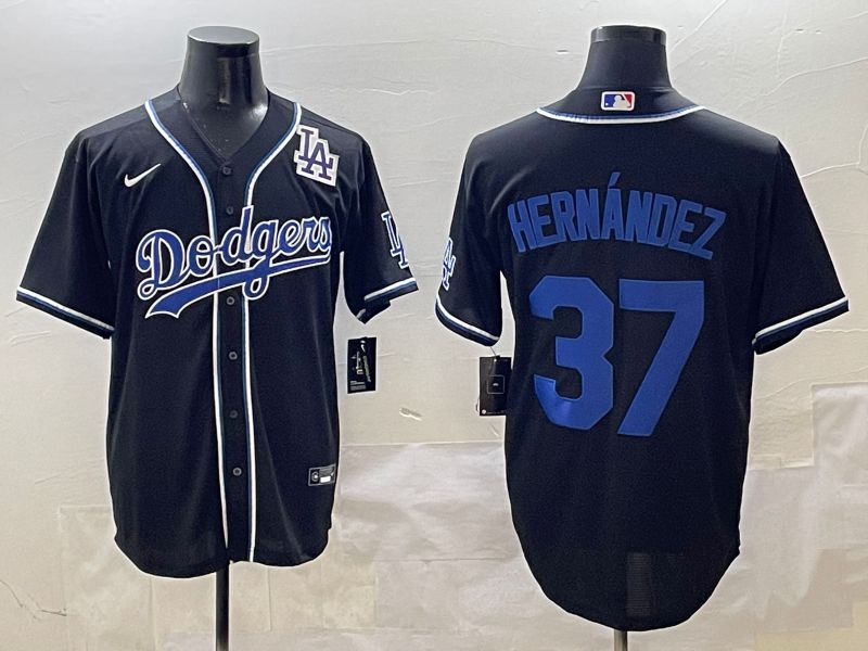 Men 2025 Los Angeles Dodgers #37 Hernandez Black Three generations Fashion Nike MLB Jersey style 1